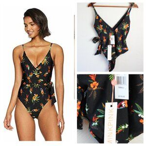 MINKPINK Sunkissed Surplice One Piece Swimsuit Side Tie Floral Black Small NWT